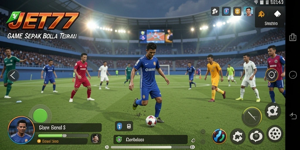 Screenshot gameplay JET77 menampilkan suasana pertandingan sepak bola yang seru.