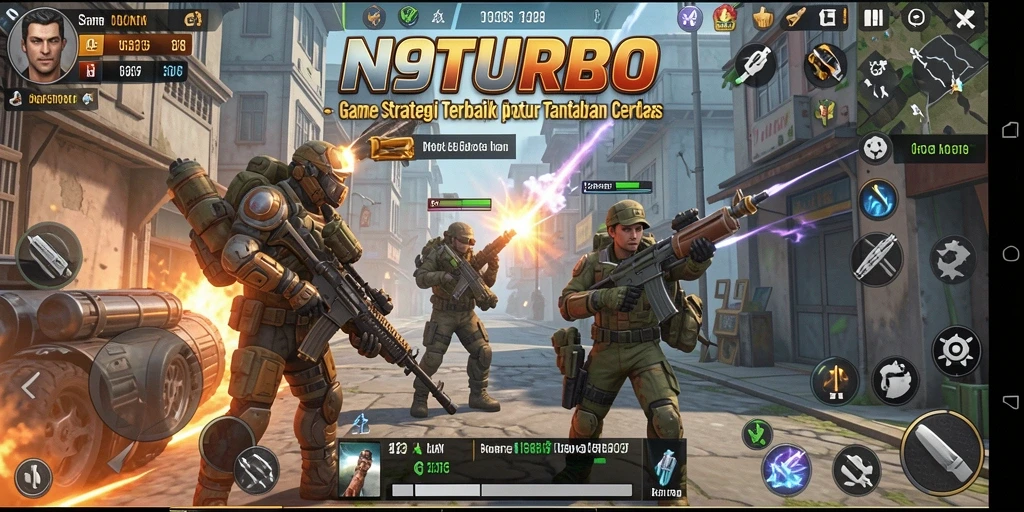 Screenshot N9TURBO menunjukkan aksi strategi yang intens.