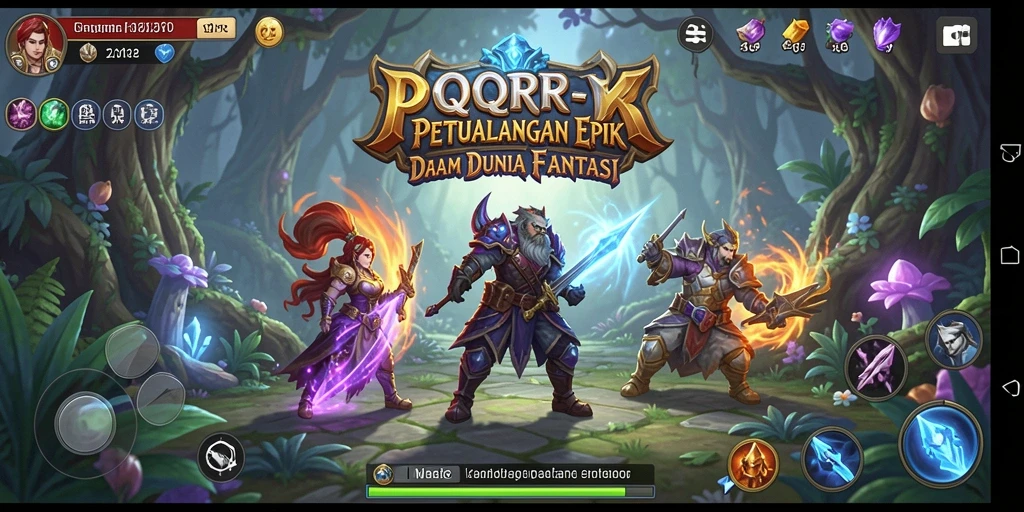 Tangkapan layar utama QQRP menampilkan aksi seru pertarungan RPG dalam dunia fantasi.